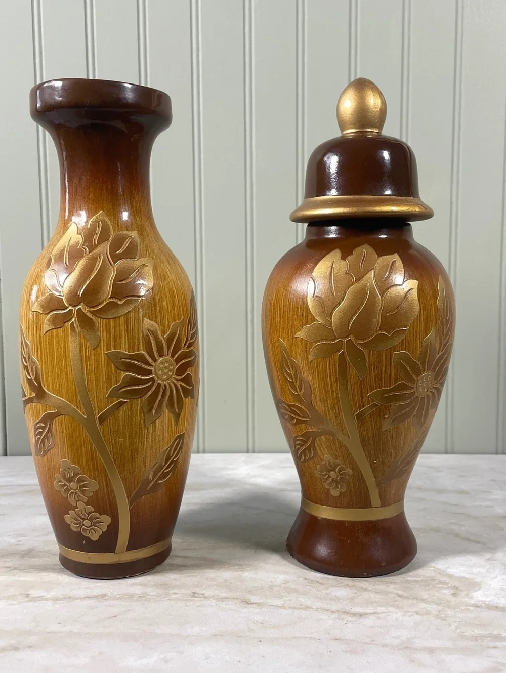 Vintage Floral Woodgrain Vase and Lidded Ginger Jar Set